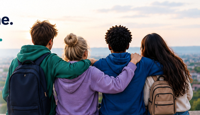Four student friends supporting one another